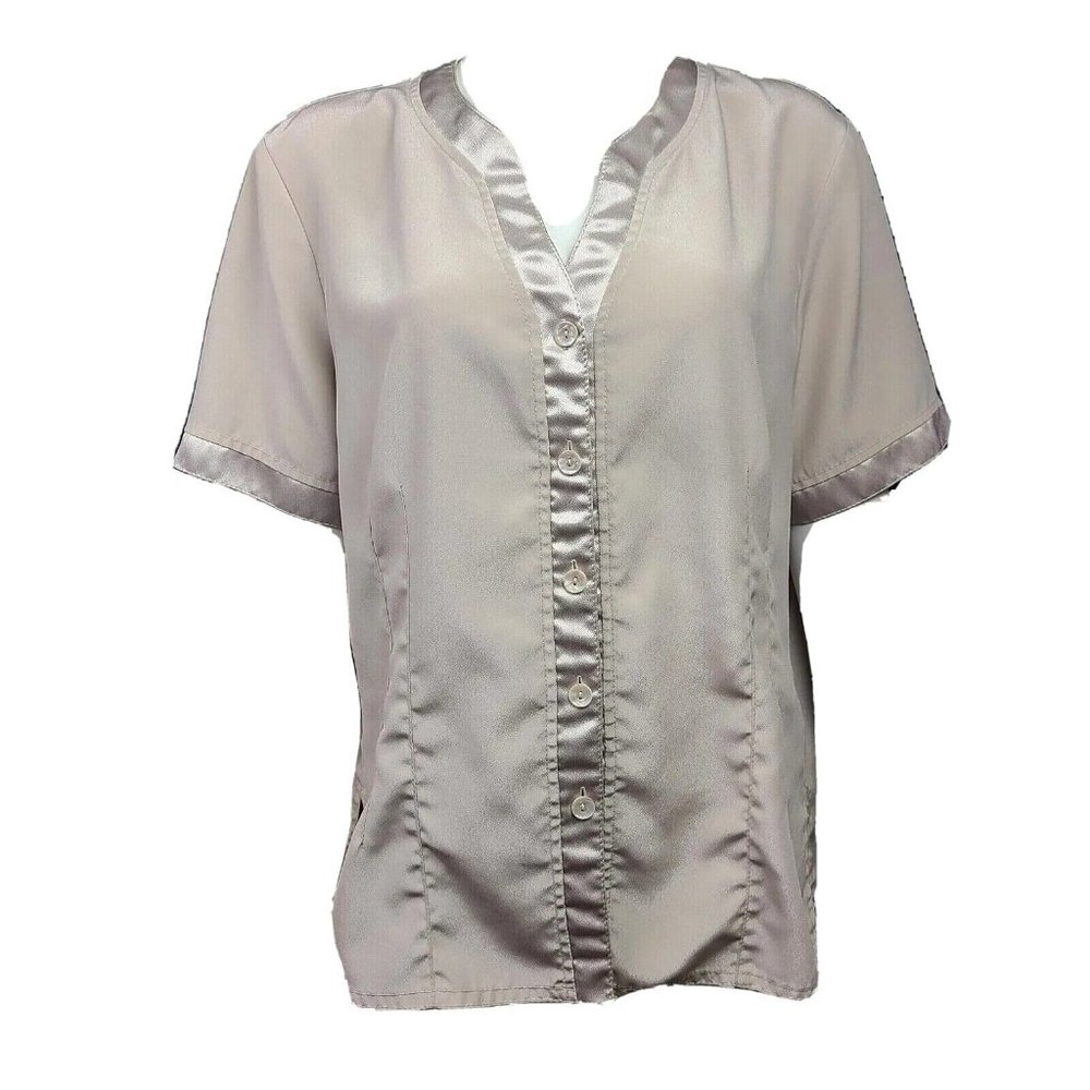 Laura Scott Top Womens Size 18W Woman Solid All‎ Tan Shiny Trim Short Sleeve Y2K